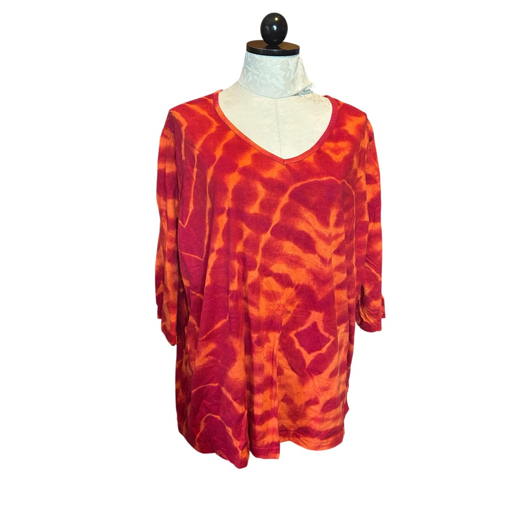 Ulla Popken Red Orange Tie Dye V-Neck 3/4‎ Sleeve Cotton Top Plus 2/3X 20/22
